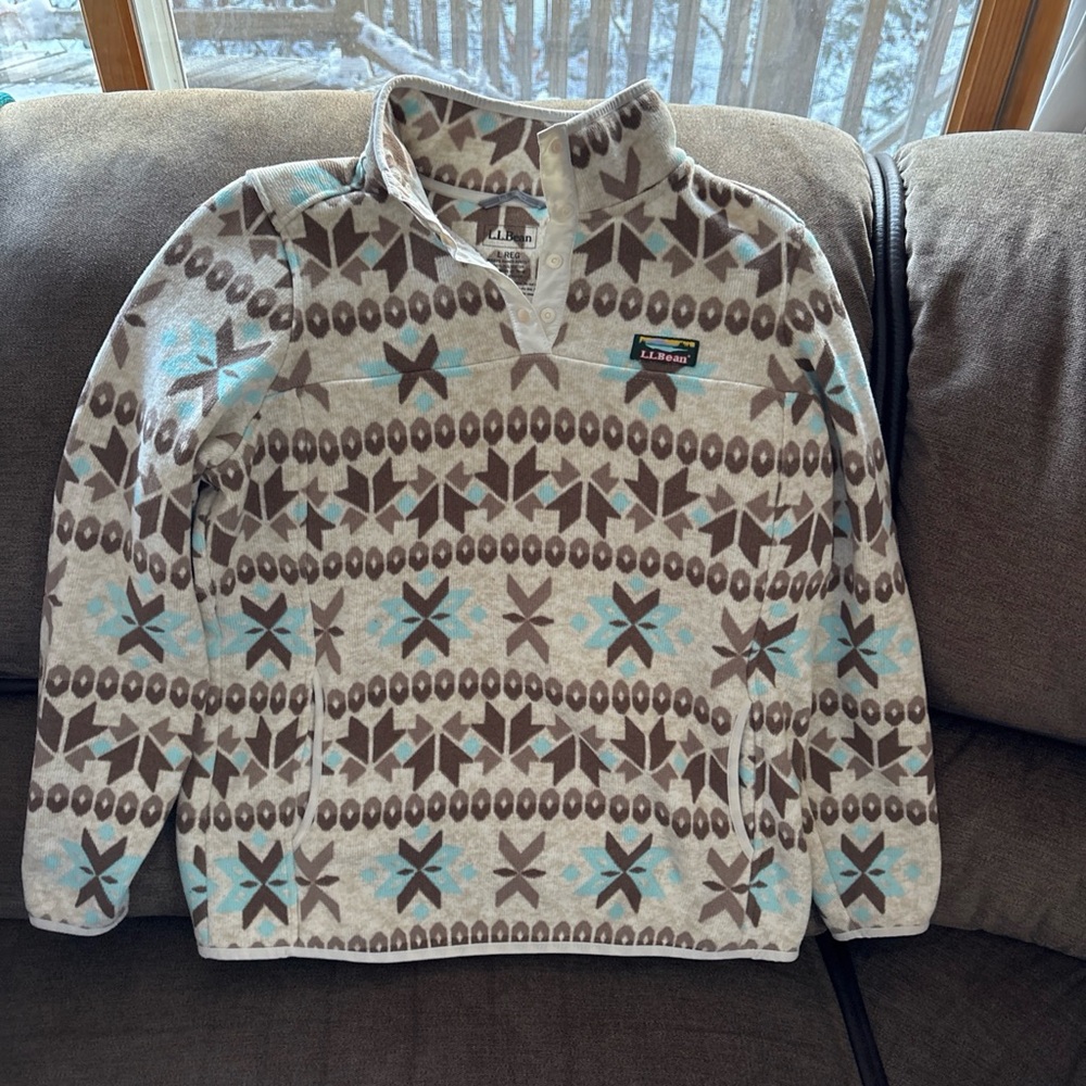 LL Bean Snap-T Fleece Pullover Sweater Women's Large Nordic Fair Isle Snowflake